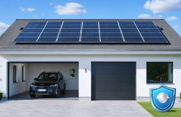 Interior of a garage with a modern solar battery storage unit mounted on the wall, accompanied by solar panels on the house roof and symbols of insurance protection, illustrating smart solar energy management and coverage.