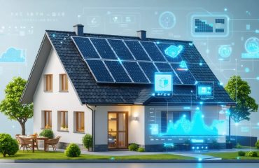 Illustration of a modern home with solar panels connected to a digital dashboard featuring real-time energy production metrics, consumption graphs, and optimization suggestions, symbolizing smart solar management.