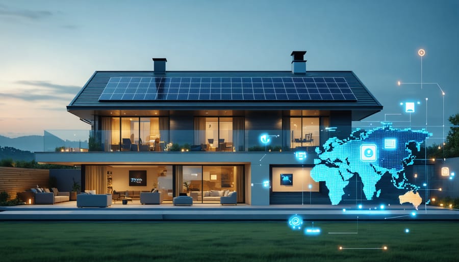 Smart home featuring solar panels and battery storage with AI interface graphics