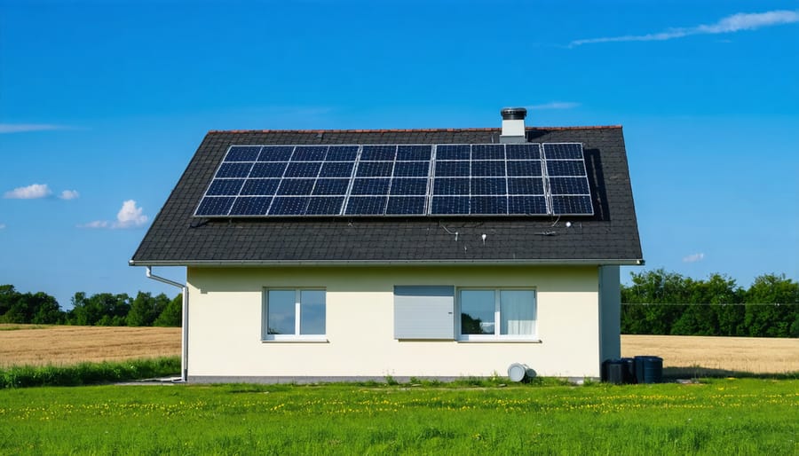 Solar panel system connected to home battery storage unit with smart monitoring screen