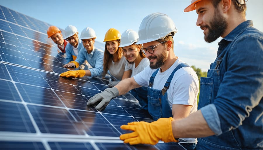 Community members learning to install solar panels during an educational workshop