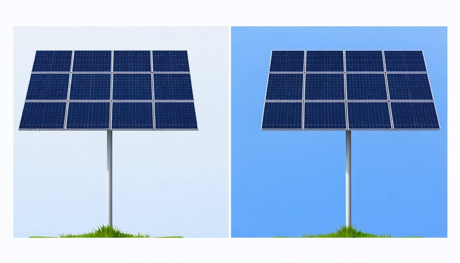 Side-by-side comparison of conventional and next-generation solar panels showing efficiency improvements