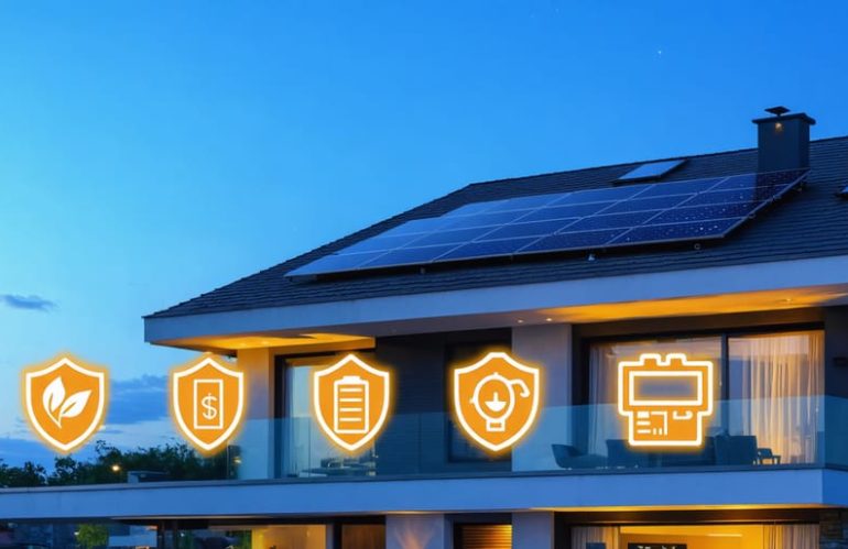 A modern home with solar panels on the roof, accompanied by icons symbolizing durability, reliability, financial savings, and environmental sustainability, illustrating the concept of energy resilience.