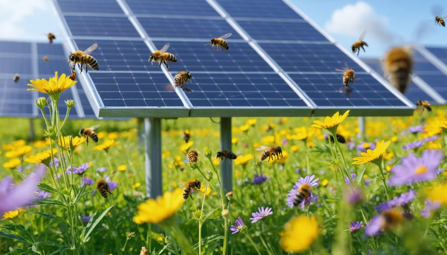 Bees pollinating native wildflowers growing alongside solar installation