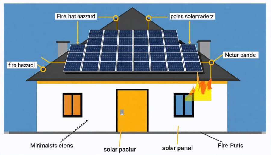 Infographic highlighting common fire risk areas in solar panel systems including wiring connections, inverters, and junction boxes