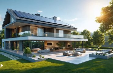 A modern suburban house with a roof covered in sleek solar panels under a bright sunny sky, representing the transformation towards energy independence through residential solar technology.