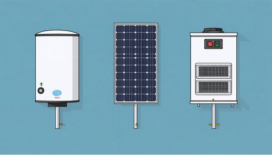 Labeled diagram highlighting reset button locations on various solar water heater models