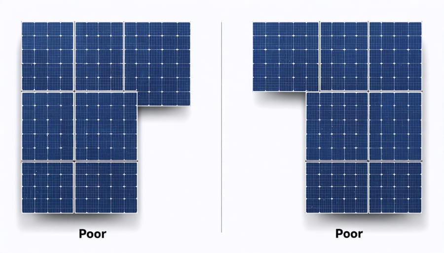 Side-by-side comparison of correct and incorrect solar panel layouts highlighting proper setback distances