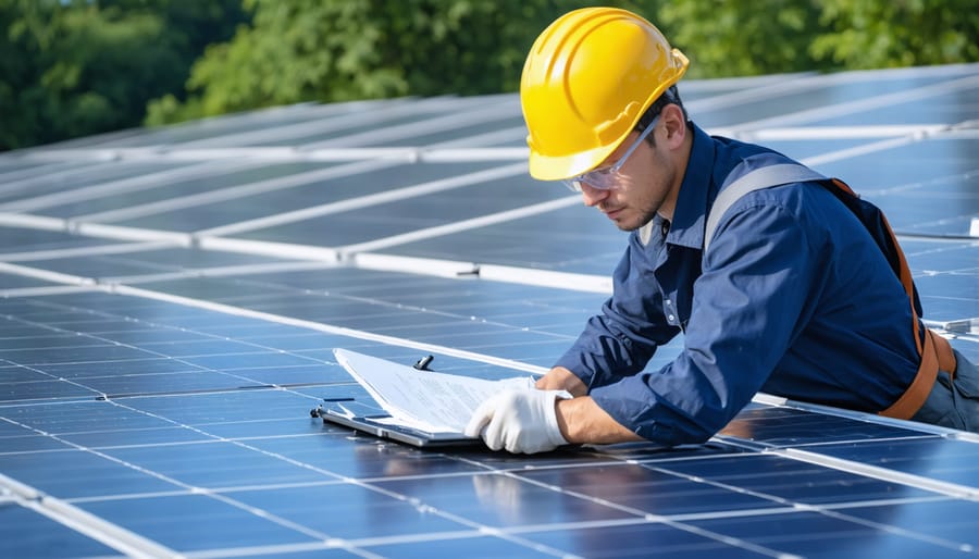 Technician performing safety inspection of roof-mounted solar panel system