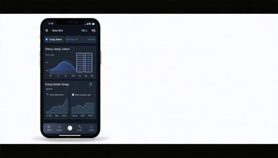 Smartphone displaying solar management app with system controls and financial tracking features