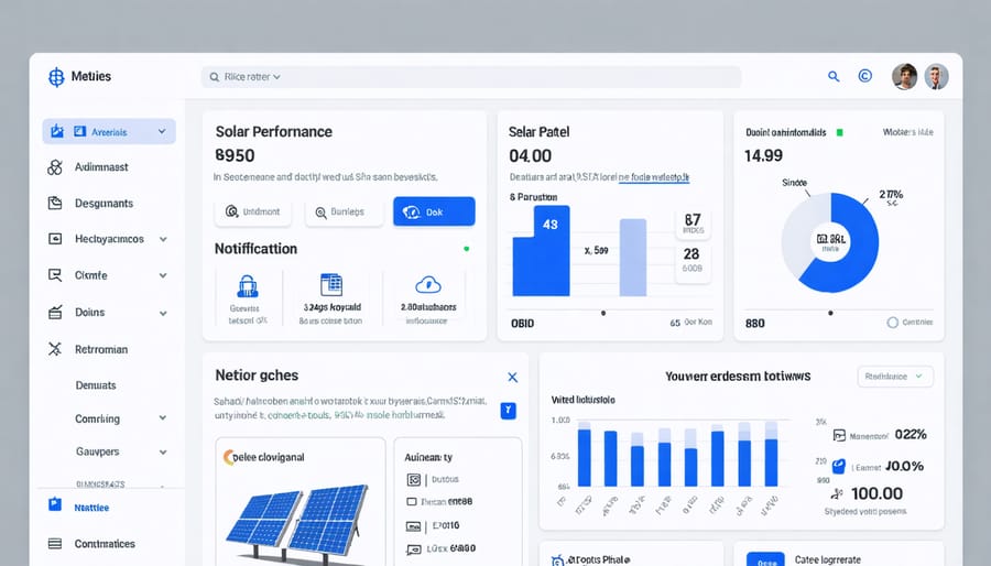 Solar monitoring dashboard interface displaying real-time performance data and alert notifications