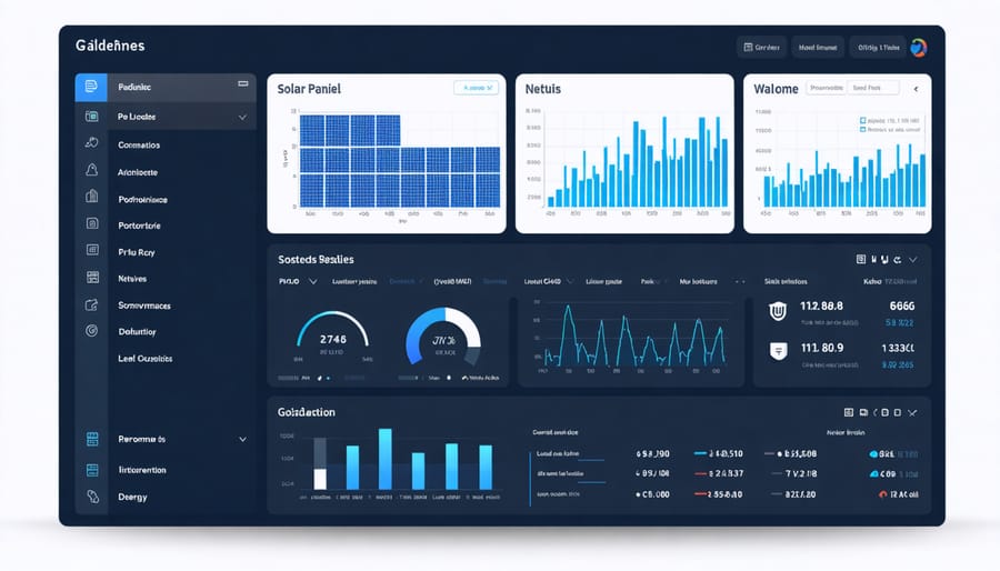 Solar monitoring dashboard displaying energy production charts, system health indicators, and daily performance statistics