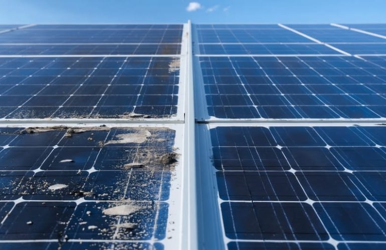 Split-screen image showing a clean solar panel alongside a dirty solar panel with visible dust and debris, highlighting the impact of cleanliness on solar panel efficiency.