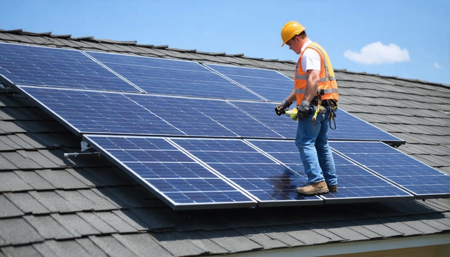 Person performing visual inspection of solar panel system from a safe distance using binoculars