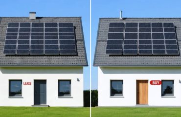 Side-by-side comparison of solar panel installation options on two homes, one labeled for leasing and the other for buying.