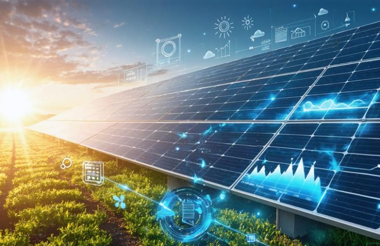 Conceptual illustration of solar panel lifecycle highlighting degradation process and energy efficiency over decades.