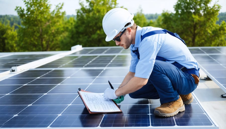 Professional inspector examining solar panels on residential rooftop with testing equipment