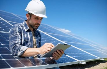 Homeowner using a tablet and inspecting solar panels for maintenance, ensuring optimal performance by checking for visible issues and monitoring system output.