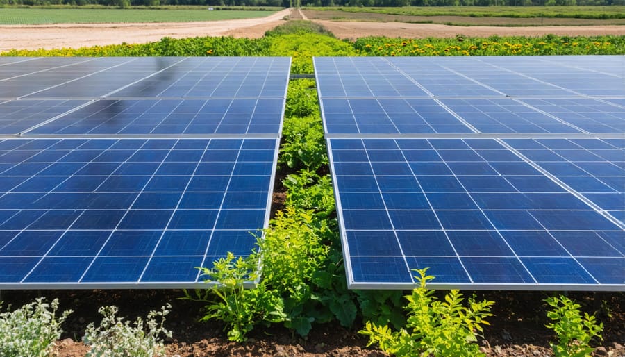 Comparison of lush plant growth under solar panels next to dry wasteland