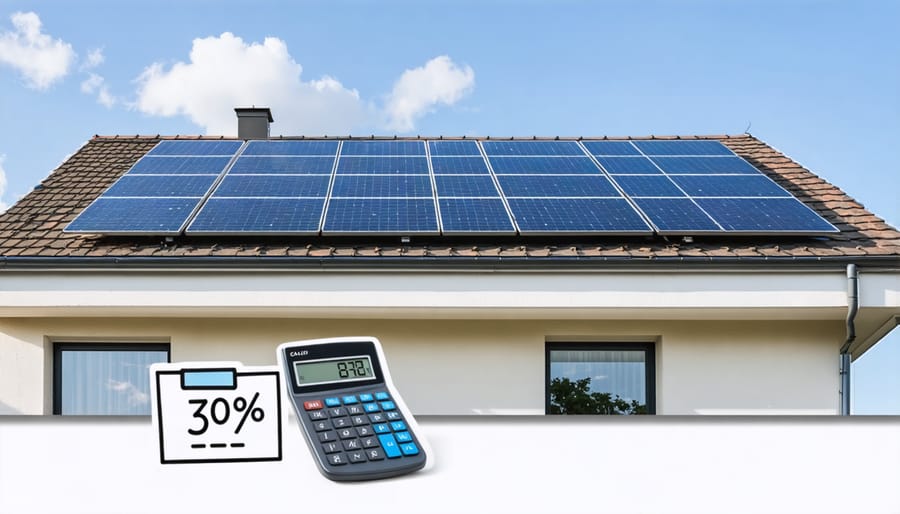 Solar panels on a home roof with tax savings calculator overlay