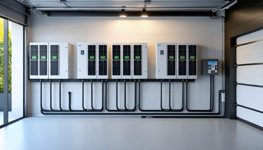 Residential battery storage system installed in a home garage with connected inverter and monitoring display