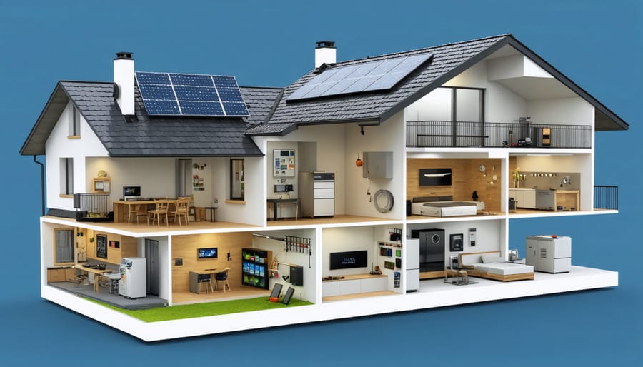 Technical illustration of residential battery storage system components and connections