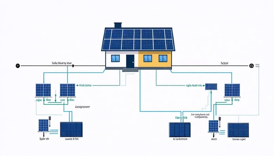 Illustration of how net metering works with solar panels, home, and utility grid